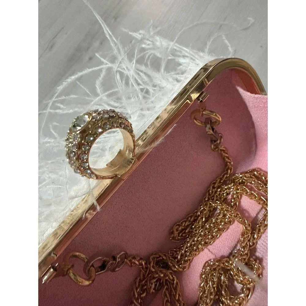 White Feather Clutch Bag Gold Rhinestone Ring Clasp Evening Bag